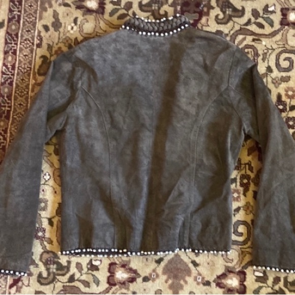 100% SUEDE SOPHIE CHANG Faux Pearl embellished lightweight jacket darkOlive Med - Picture 10 of 15